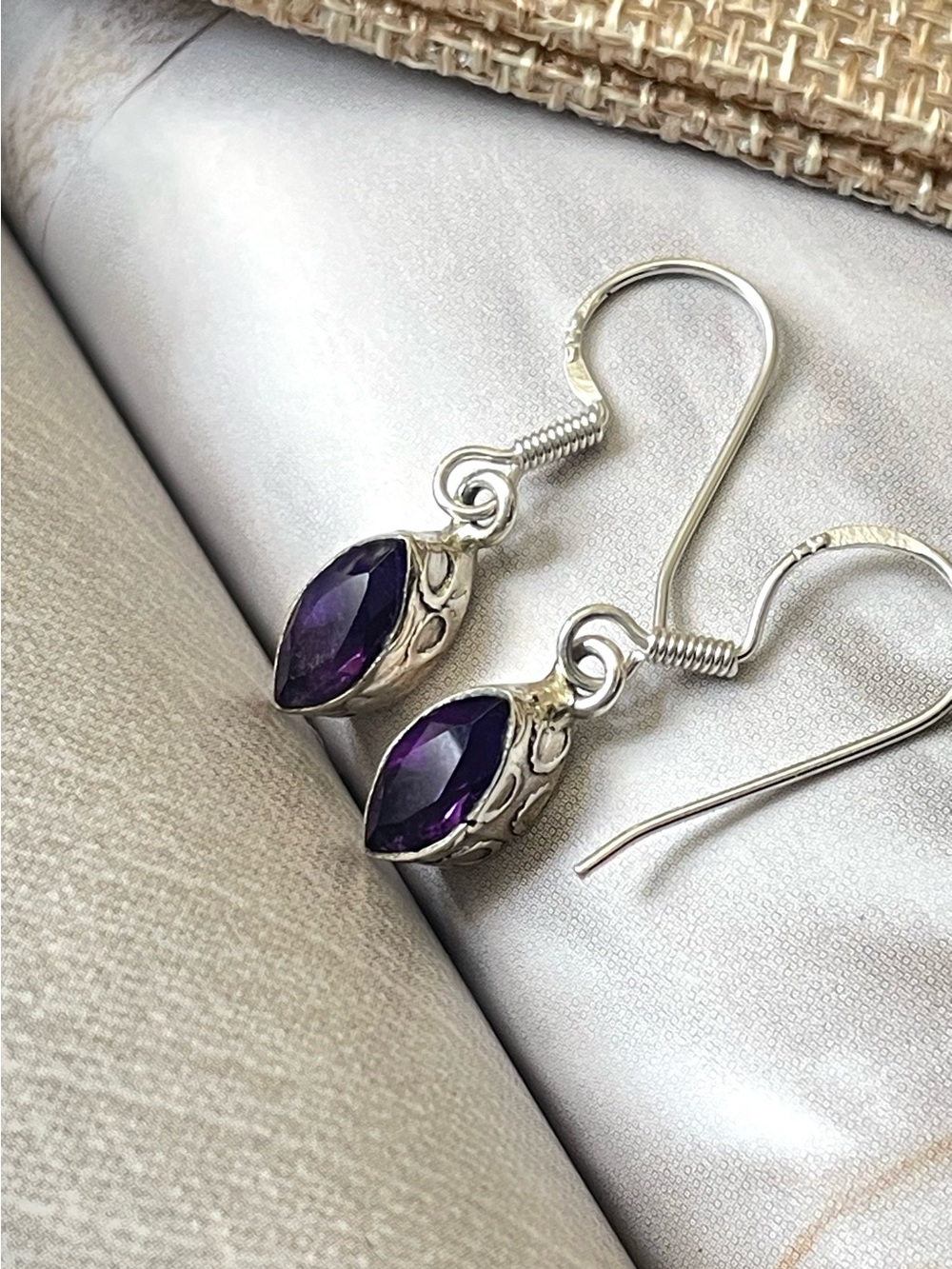 Handmade 925 Sterling Silver Natural Amethyst Dangle Earrings. A R T I S A N